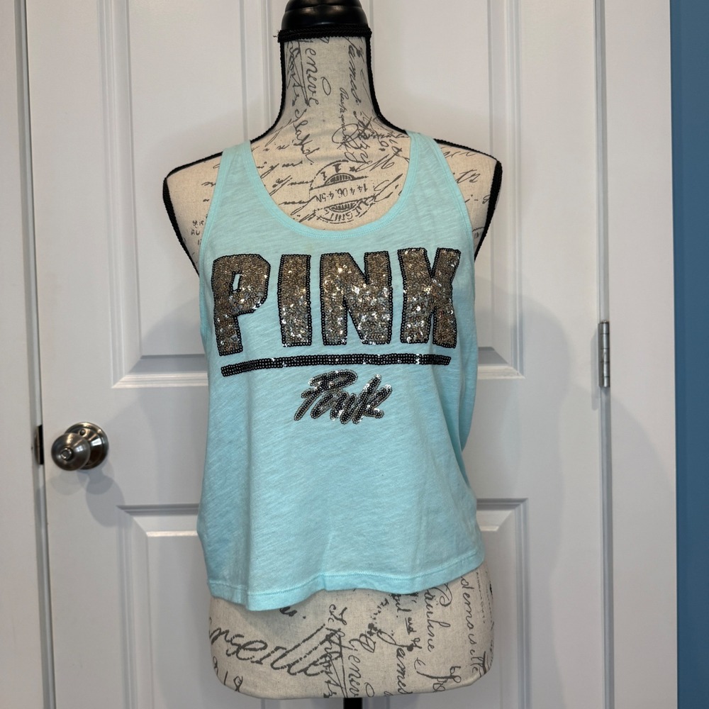PINK Victoria's Secret Sequins Graphic Tank Top Aqua Blue Racerback‎ Size XS